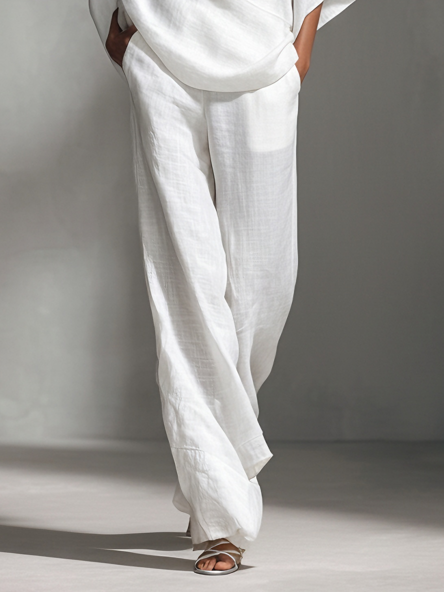 Women's Relaxed Linen-Blend White Boat-Neck Batwing-Sleeve Oversized Top & Wide-Leg Pants Set MDA2065L5AU
