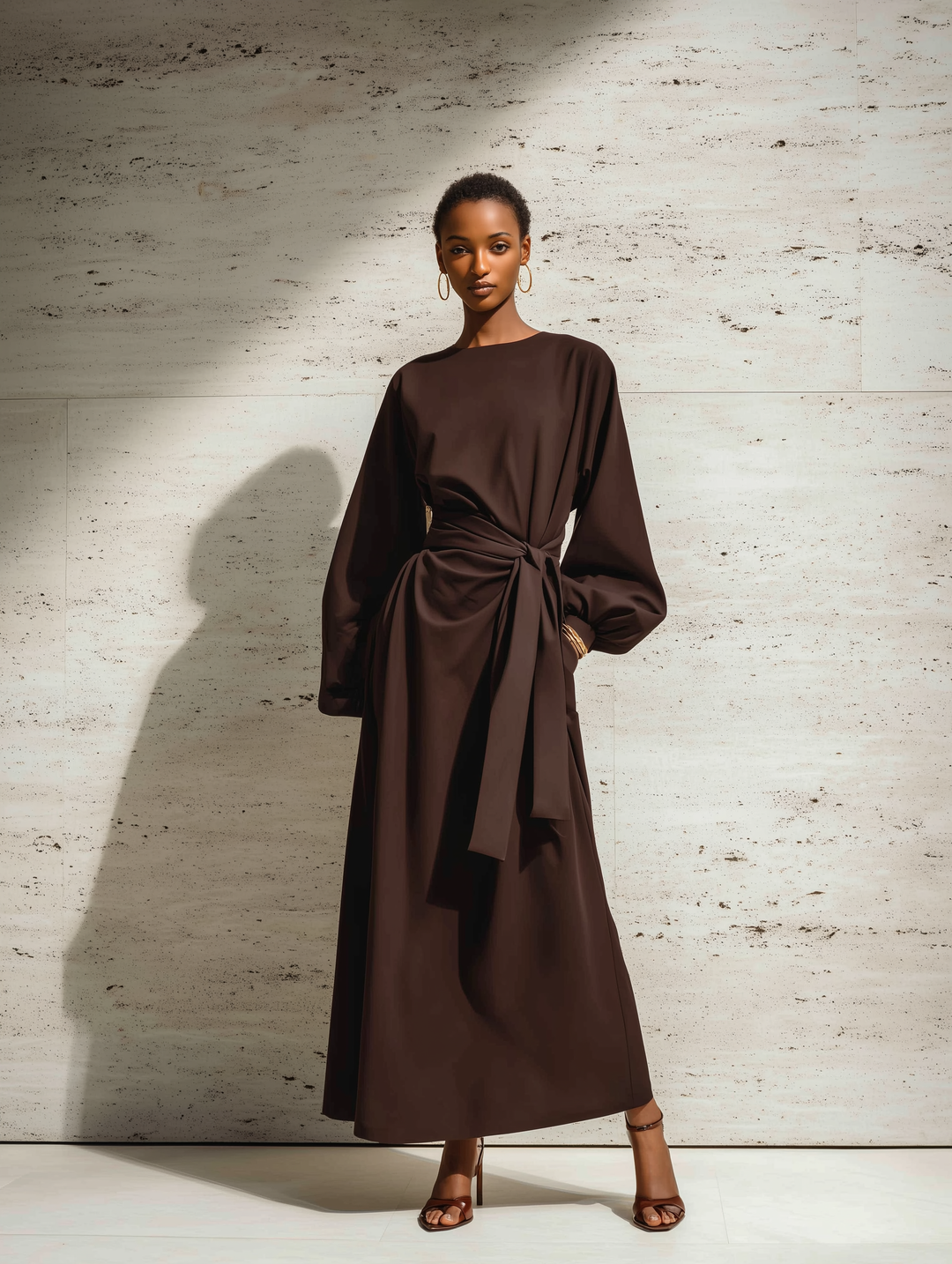 Women's Elegant Brown Round-neck Woven Loose-fitting Long-sleeved Maxi Dress With Belt MDA2548L1AN