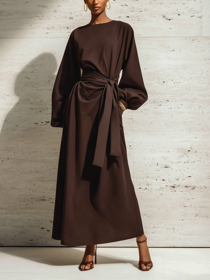Women's Elegant Brown Round-neck Woven Loose-fitting Long-sleeved Maxi Dress With Belt MDA2548L1AN
