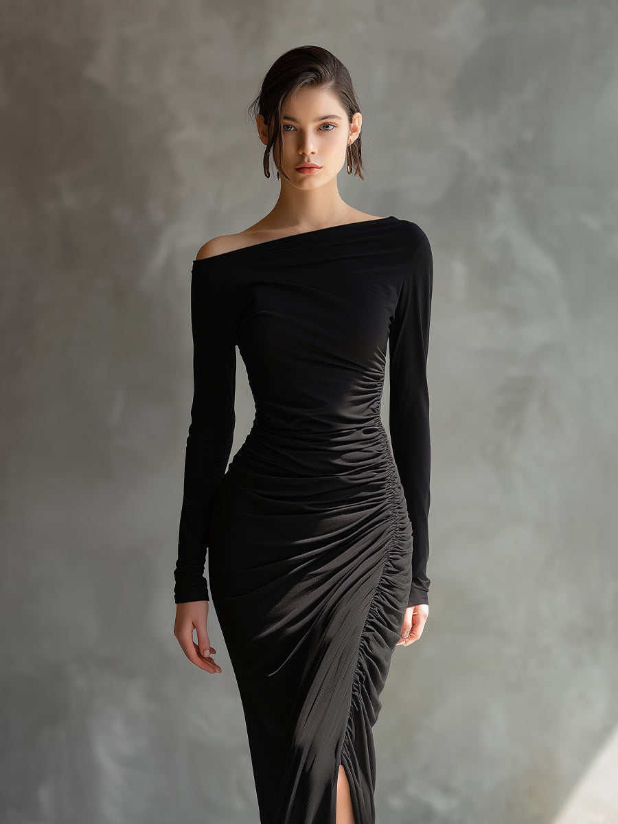 Women's Black Elegant Jersey Off - Shoulder Ruched Slit Maxi Dress MDA2125H9I