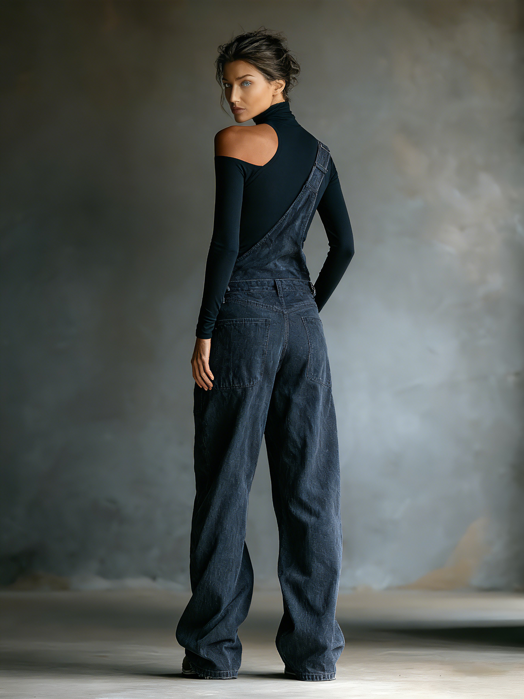 Women's Black Cotton One-shoulder Turtleneck Top And Blue-grey Denim Loose-fitting Overalls Set MDA2045K8T