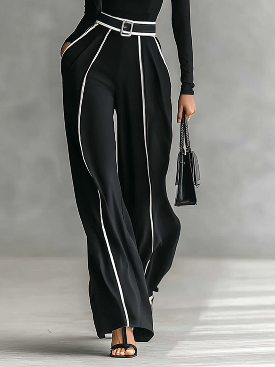 Women's White Trimmed Turtleneck Long Sleeve Top Wide Leg Pants Belt Two-Piece Set MDA1546G0Y