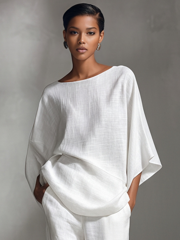 Women's Relaxed Linen-Blend White Boat-Neck Batwing-Sleeve Oversized Top & Wide-Leg Pants Set MDA2065L5AU