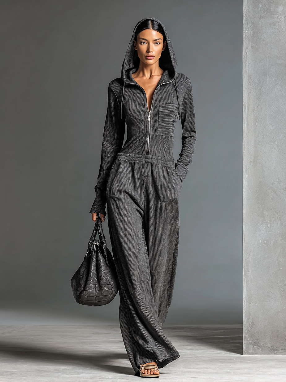 Women's Fashion Ribbed Zipper Hooded Jumpsuit MDA1976H7Y