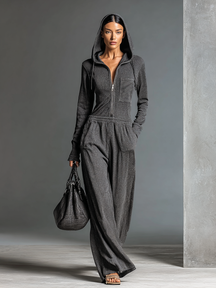 Women's Fashion Ribbed Zipper Hooded Jumpsuit MDA1976H7Y