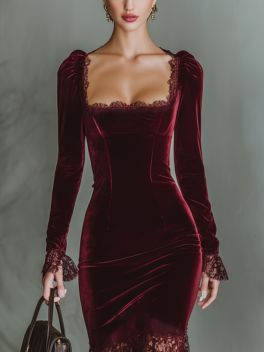 Women's Burgundy Velvet Lace Fitted Maxi Dress MDA1190J4T