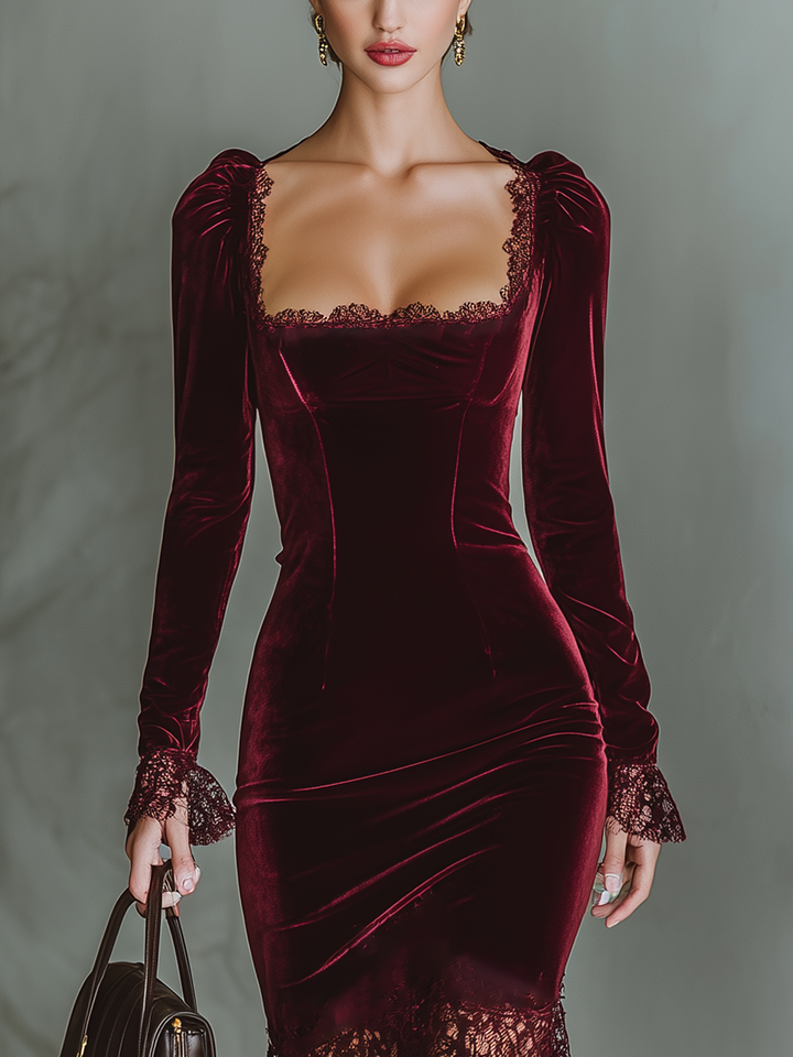 Women's Burgundy Velvet Lace Fitted Maxi Dress MDA1190J4T