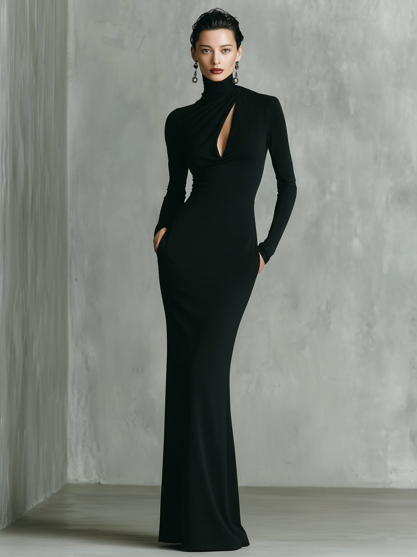Women's Minimalist High-neck Long-sleeved Fitted Maxi Dress MDA2239K0Y