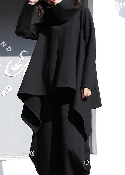 Beautiful black cotton clothes For Women asymmetric hem oversized high neck tops