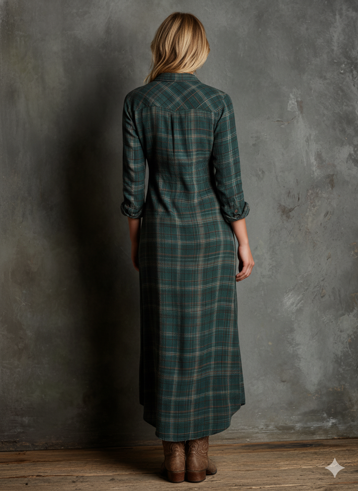 Women's Plaid Lapel Single-Breasted Shirt Maxi Dress MDA1249H1Y