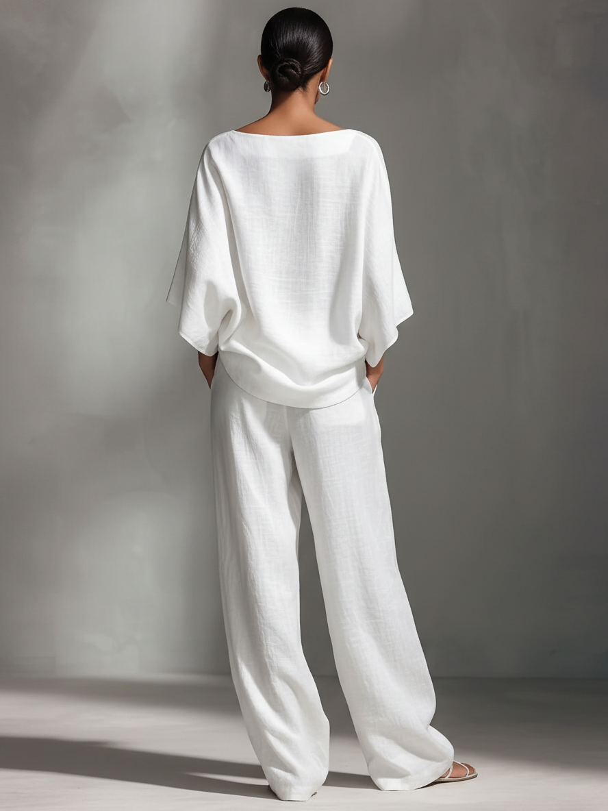 Women's Relaxed Linen-Blend White Boat-Neck Batwing-Sleeve Oversized Top & Wide-Leg Pants Set MDA2065L5AU