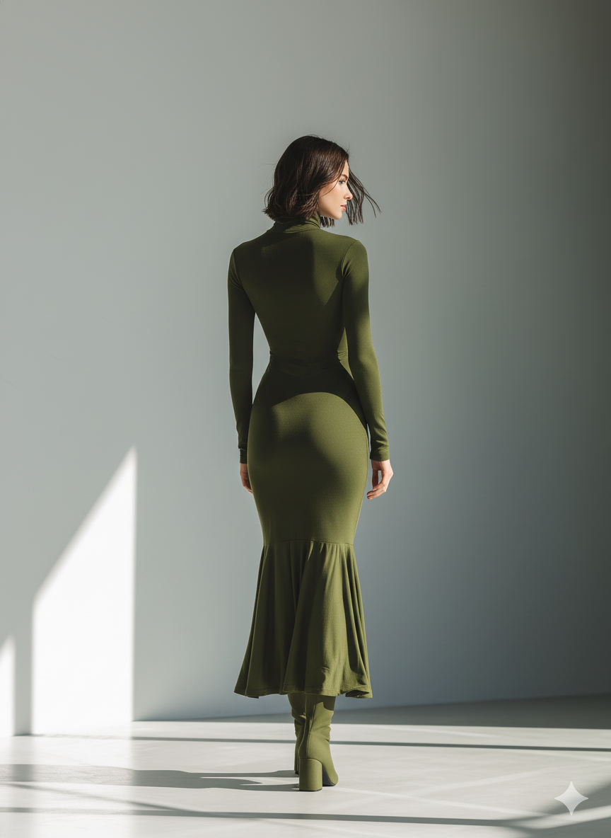 Women's Army Green Stretch Knit High Neck Pleated Slim Fit Maxi Dress MDA0556K1T