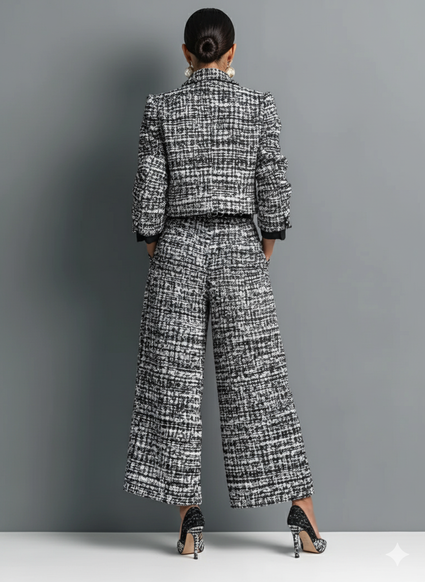 Women's Tweed Blend Single-Breasted Cropped Jacket And Wide-Leg Pants Set MDA2589H6Y