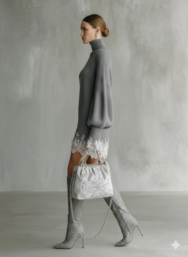Women's Grey Knitted White Lace Turtleneck Comfortable Mini Dress MDA1157J5T