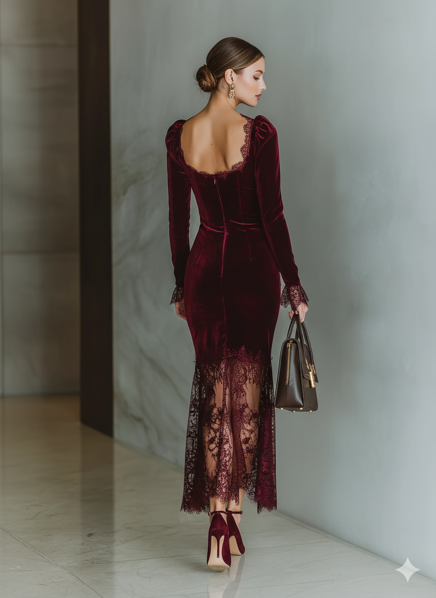 Women's Burgundy Velvet Lace Fitted Maxi Dress MDA1190J4T