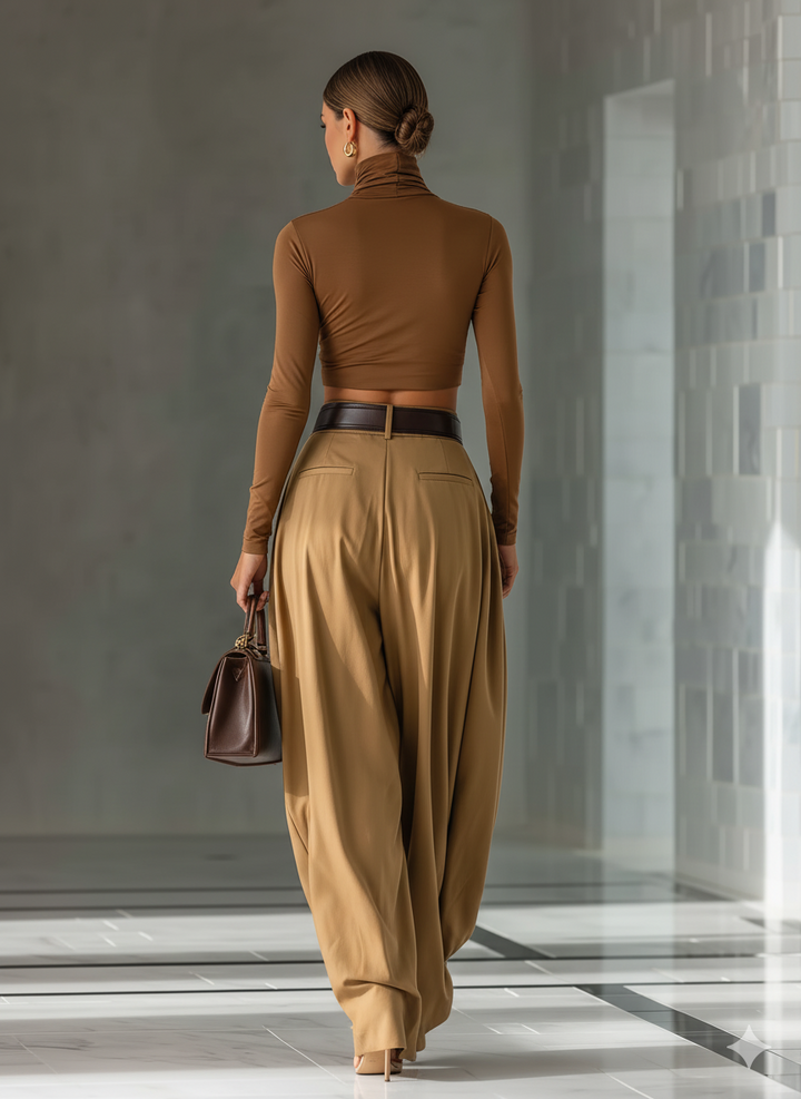 Women's Blended Brown Top And Wide-leg Pants Set MDA1209H0T