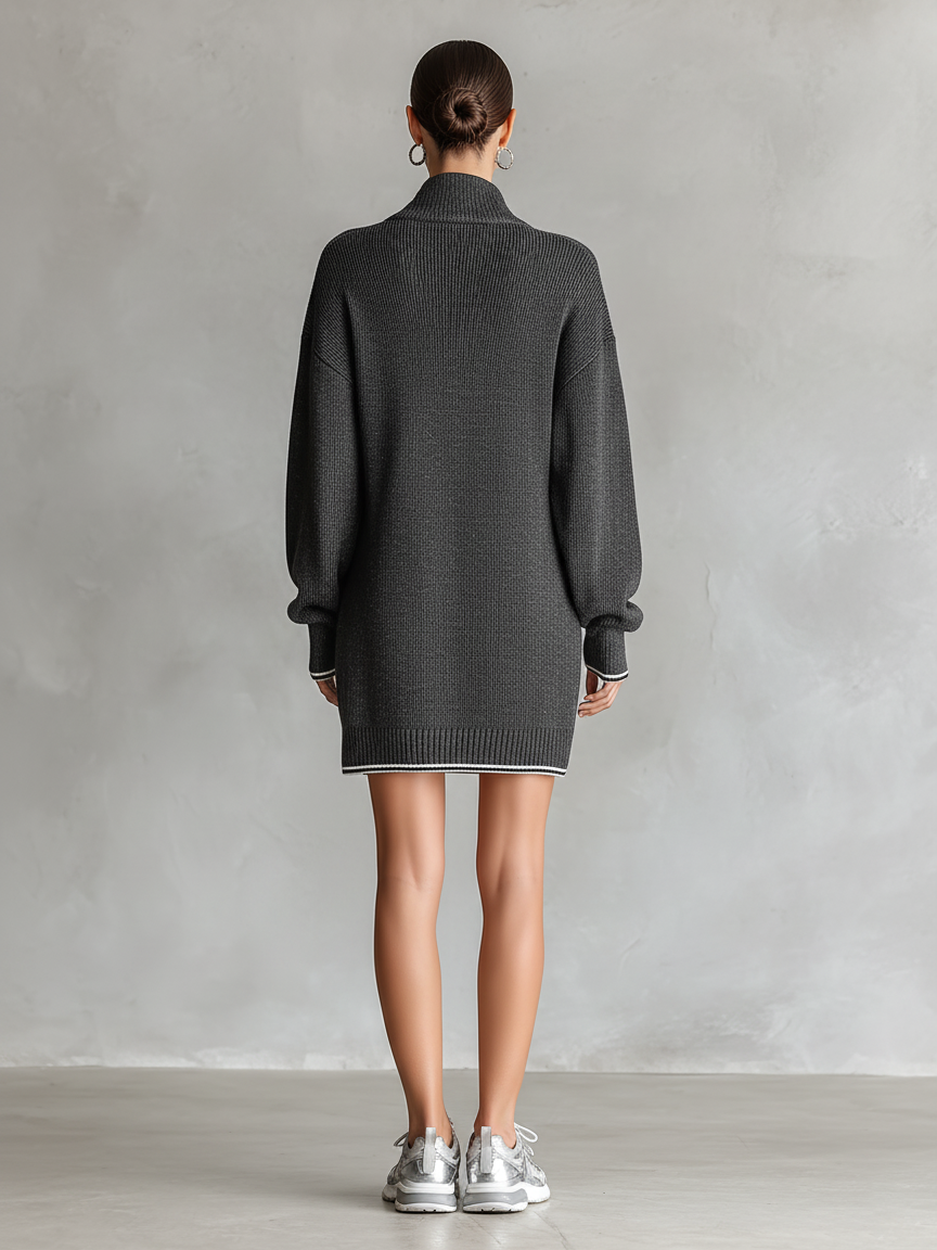 Women's Fashion Loose Knit White Trim Zipper Polo Neck Mini Dress MDA0774H6Y