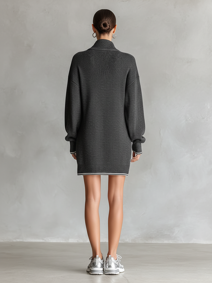 Women's Fashion Loose Knit White Trim Zipper Polo Neck Mini Dress MDA0774H6Y