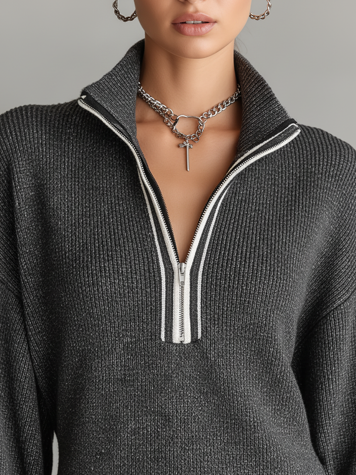 Women's Fashion Loose Knit White Trim Zipper Polo Neck Mini Dress MDA0774H6Y