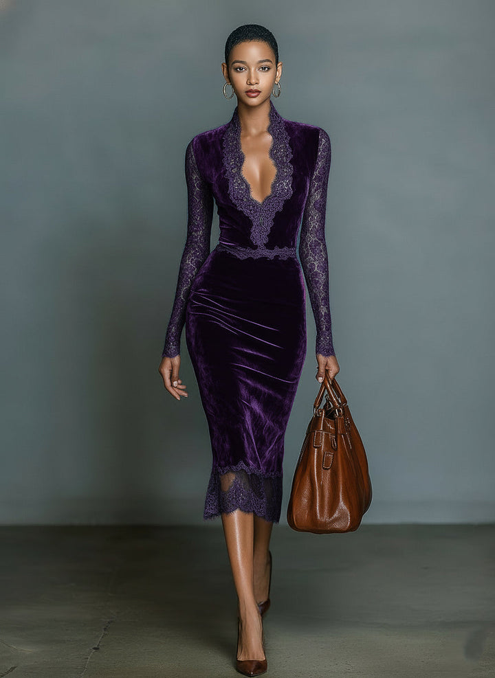 Women's Fashionable And Elegant Dark Blue Velvet Slim-fit V-neck Midi Dress With Lace Trim At The Neckline And Sleeves MDA2937K1AN