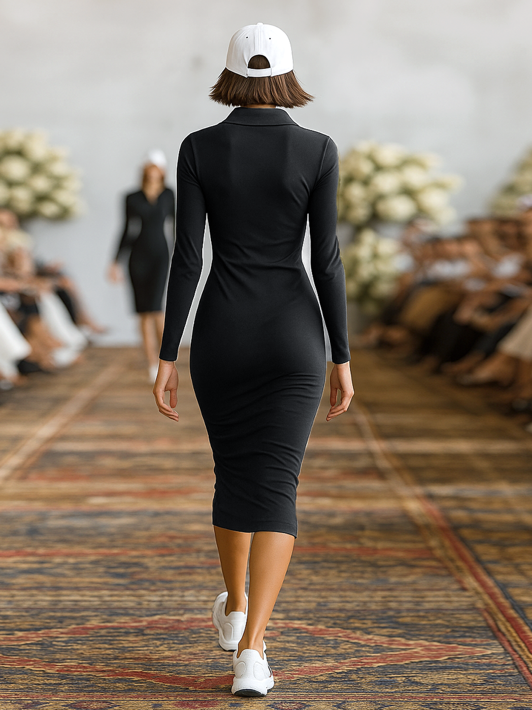 Women's Sports Cotton Blend Skinny Zipper Lapel Midi Dress MDA0133H4Y