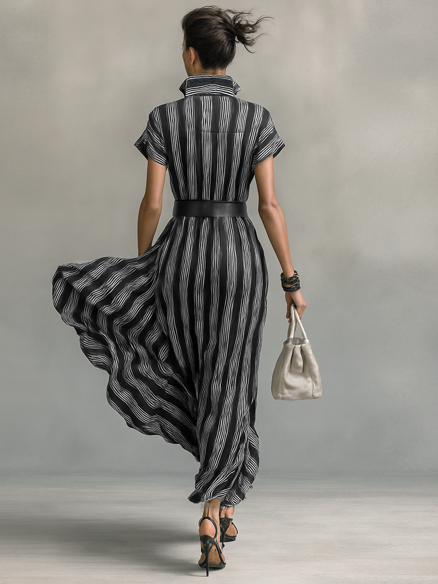 Women's Chiffon Striped Printed Lapel Short-sleeved Belted Maxi Dress MDA0926G6Y