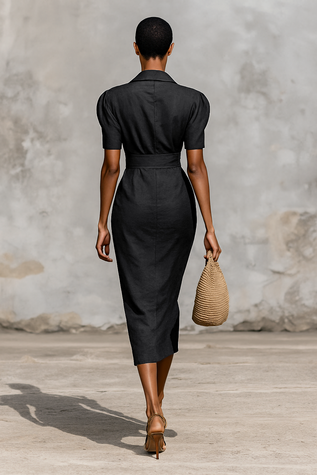 Ladies Solid Color Lapel V-neck Short Sleeve Waist Midi Dress MDA1404G5Y