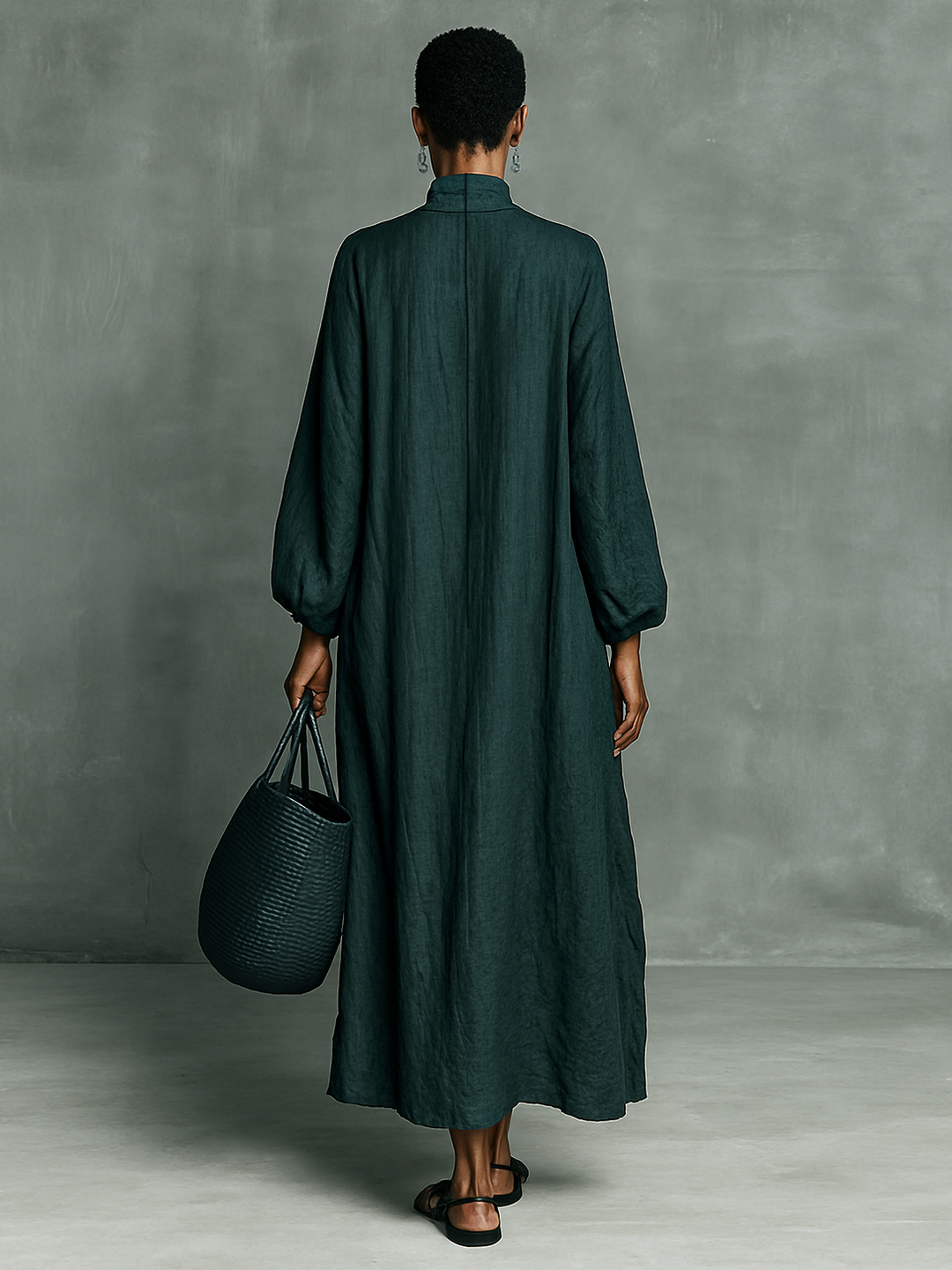 Women's Loose Cotton And Linen Blend Shoulder Embroidery Half-high Collar Long-sleeved Maxi Dress MDA1563H7Y