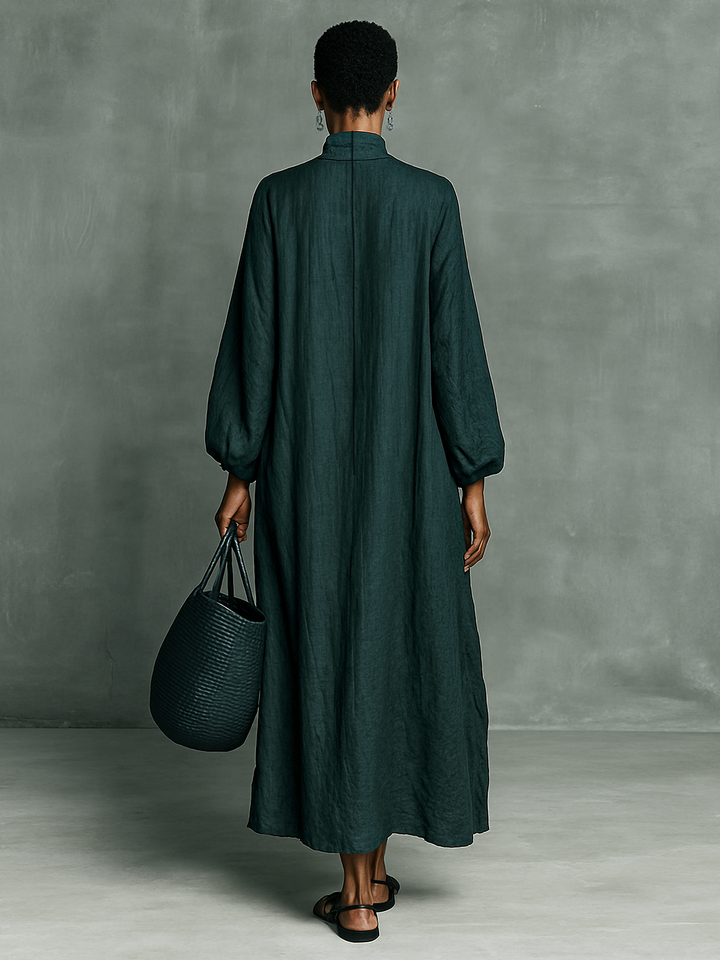 Women's Loose Cotton And Linen Blend Shoulder Embroidery Half-high Collar Long-sleeved Maxi Dress MDA1563H7Y