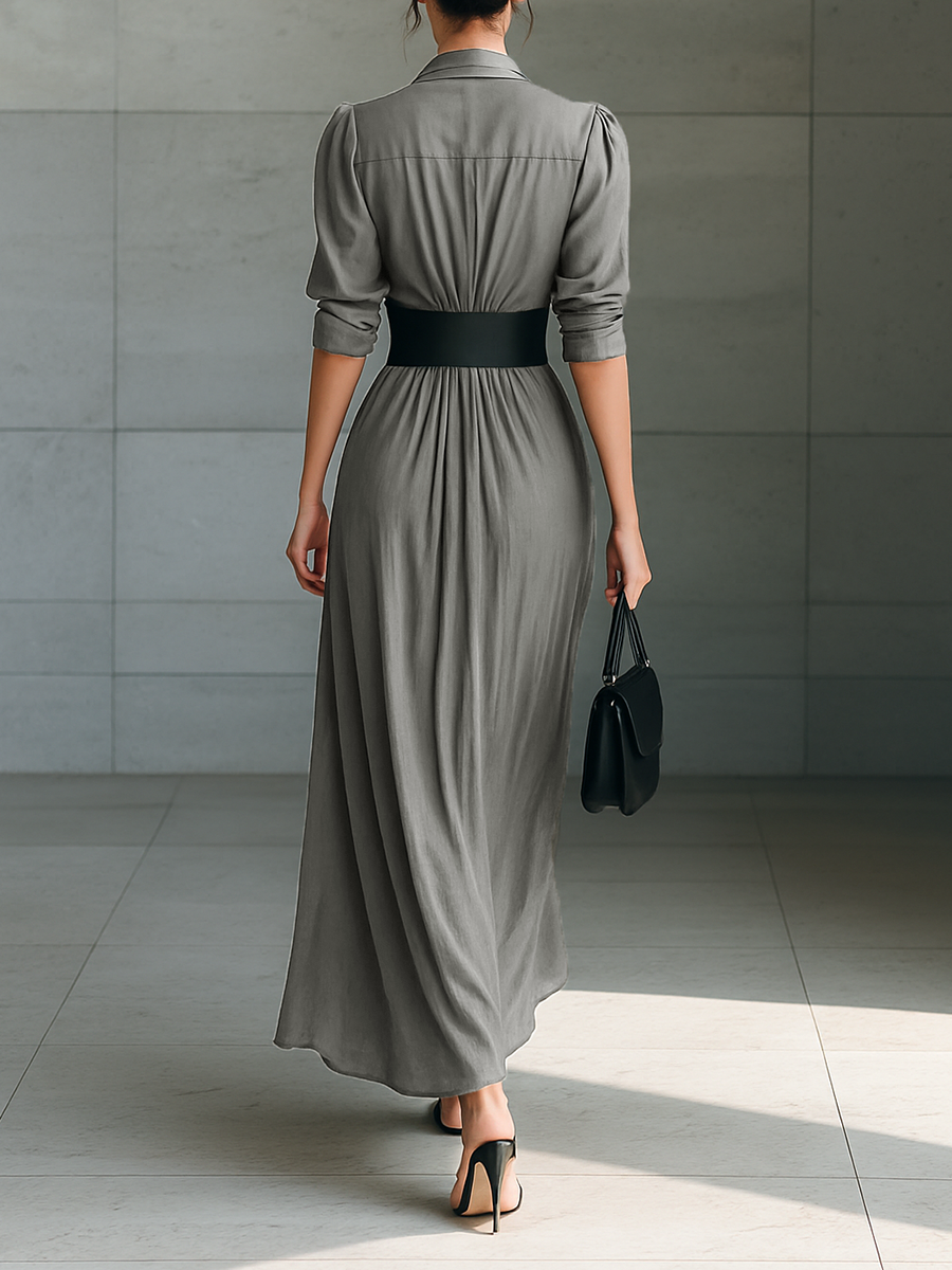 Ladies Lapel Long Sleeve Single Breasted Belt Maxi Dress MDA1758G1Y
