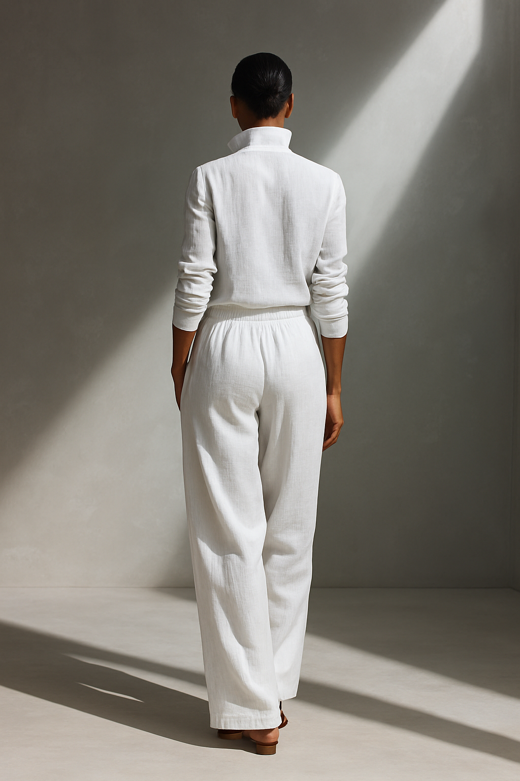 Women's White Linen Zip-Up Top & Wide-Leg Pants Set MDA2189K9AP