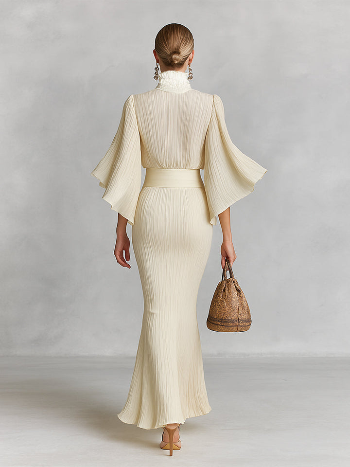 Women's Pleated Chiffon Stand Collar Trumpet Sleeve Shirt Slit Floor Length Skirt Two-piece Set MDA2202G8Y