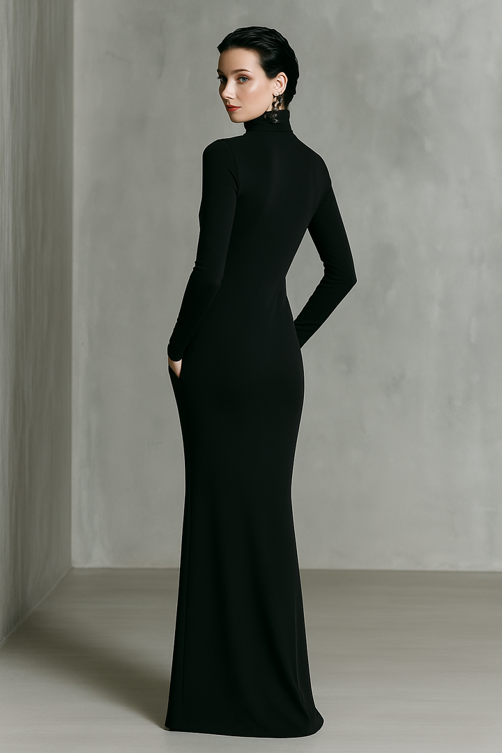 Women's Minimalist High-neck Long-sleeved Fitted Maxi Dress MDA2239K0Y