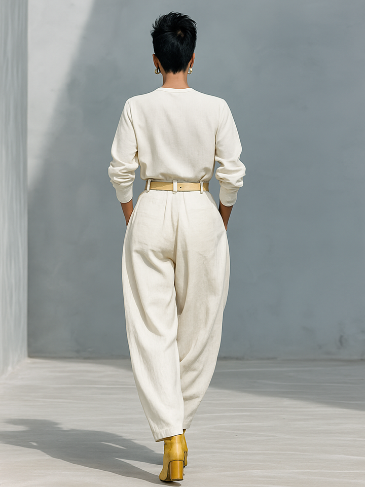 Women's Fashion Cotton And Linen Blend Crew Neck Long Sleeve Shirt Loose Trousers Set (belt Not Included)MDA2555G6Y