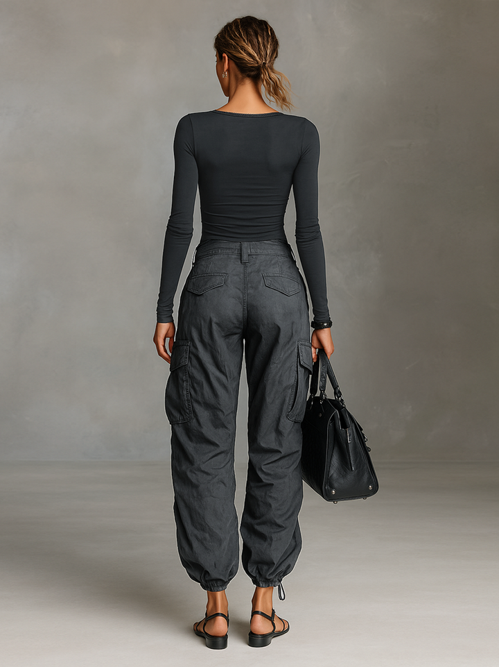 Women's Square Neck Long Sleeve T-Shirt Multi-Pocket Cargo Pants Two-Piece Set MDA2588G0Y