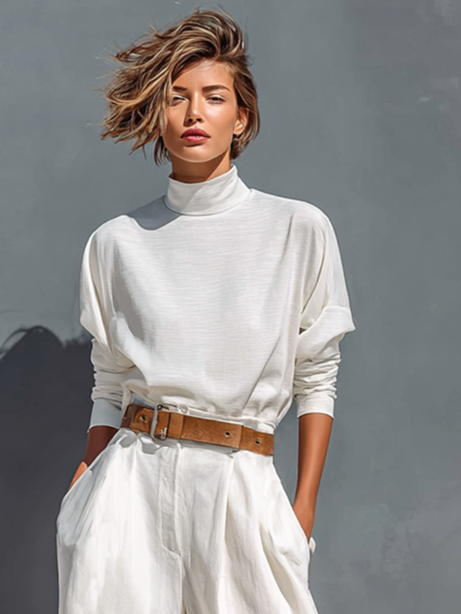 Women's All White Half High Neck Long Sleeve Loose T-shirt Wide Legs Two-piece Set (Belt Not Included)MDA2407G3Y