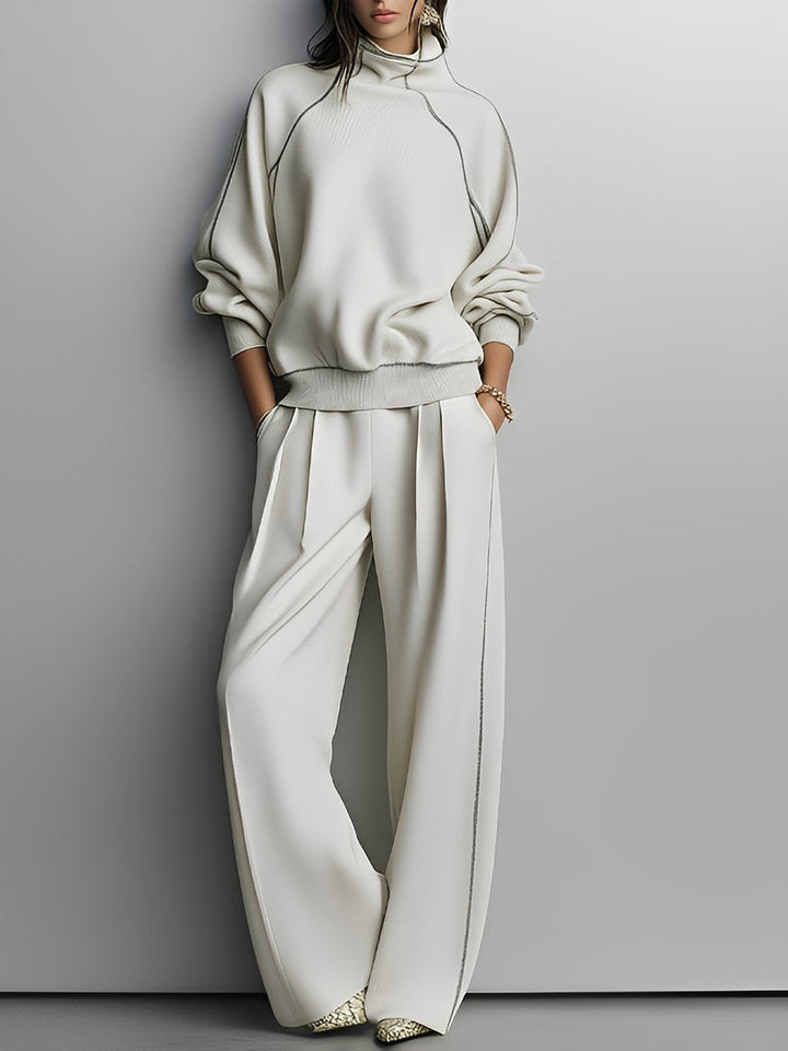 Women's Beige Textured Knit Co-Ord Set With Contrast Piping & Pleated Pants, Effortless Chic Style Set MDA2765J1I