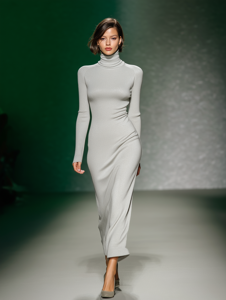 Women's Elegant Light Gray Collared Slim-fit Knitted Long-sleeved Dress MDA2328L7AN