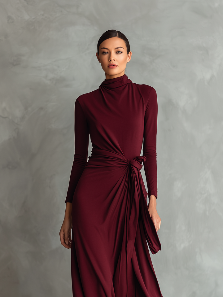 Women's Elegant Dark Red Stretchy Knit Long-sleeved Maxi Dress MDA2569L8AN