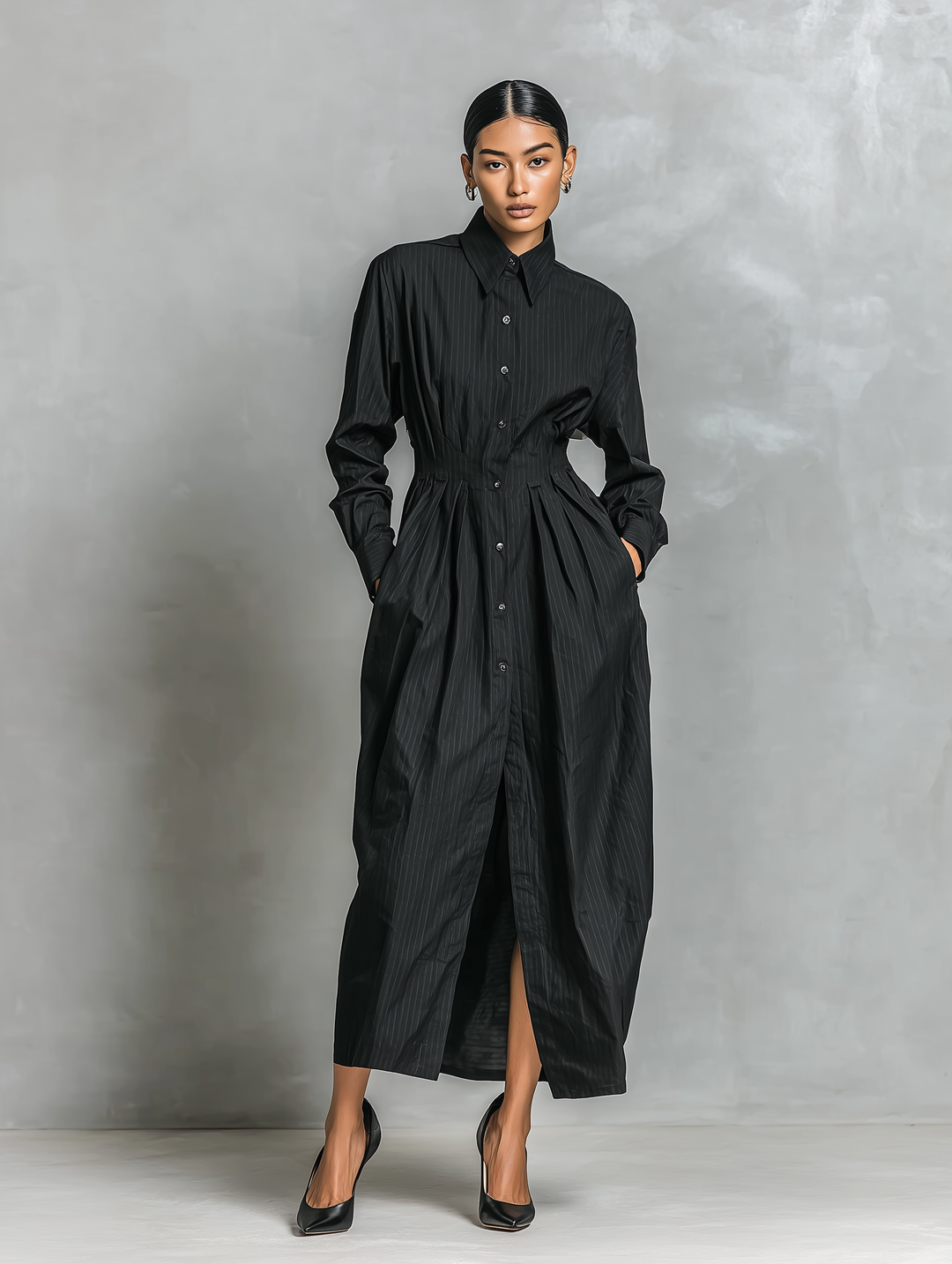 Women's Elegant Black Pinstripe Woven Shirt Dress With Long Sleeves MDA2045L1AN