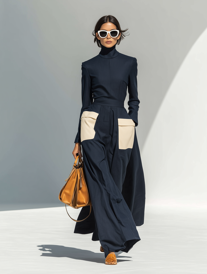 Women's Fashionable And Elegant Navy Blue Turtleneck Long-sleeved Fitted Top Paired With Matching Wide-leg Trousers With White Color Blocking Pockets MDA1828K2AN