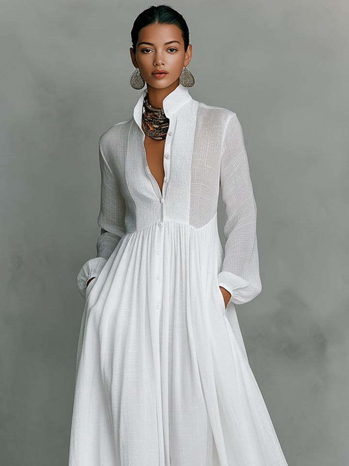 Women's Minimalist Cotton And Linen Patchwork Single-breasted Stand-up Collar Long-sleeved Maxi Dress MDA0658K6Y