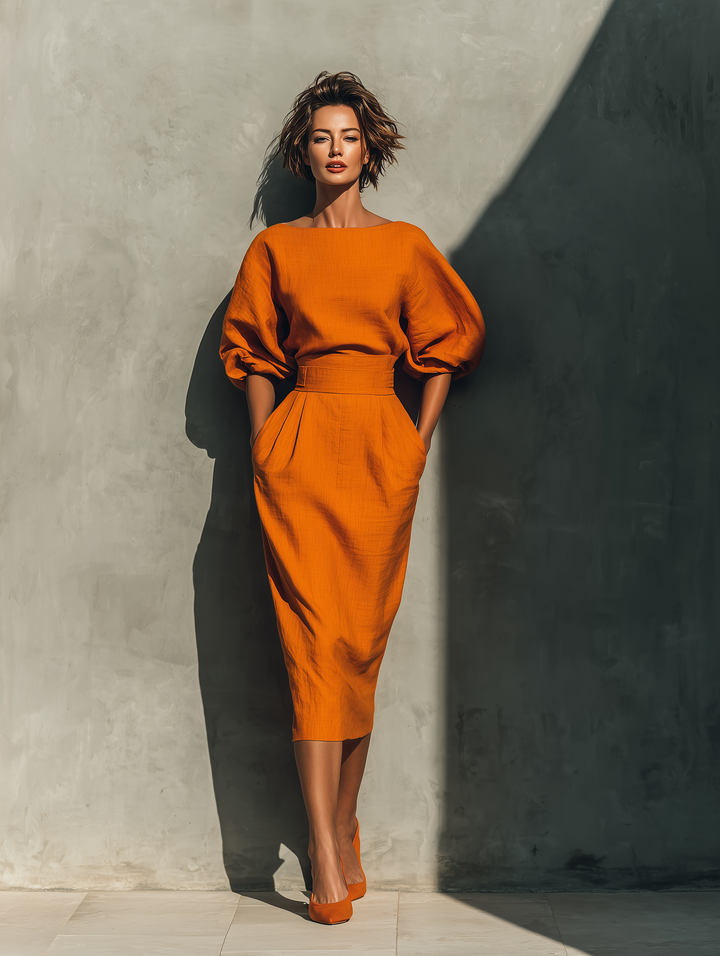 Women's Orange Mid-sleeve Top And Midi Skirt Set MDA2511G6T