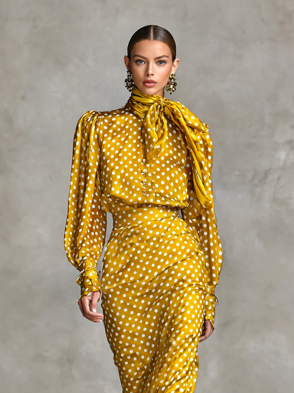 Women's Vintage Satin Polka Dot Print Shirt And Skirt Two-Piece Set (Not including scarf) MDA3073G0Y