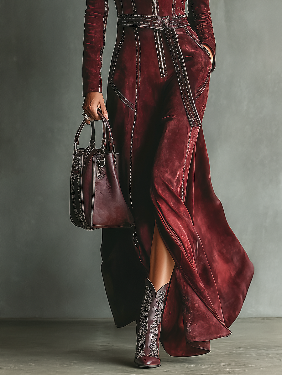 Women's Burgundy Retro Faux Suede Color-Contrast Maxi Dress MDA1321J3T