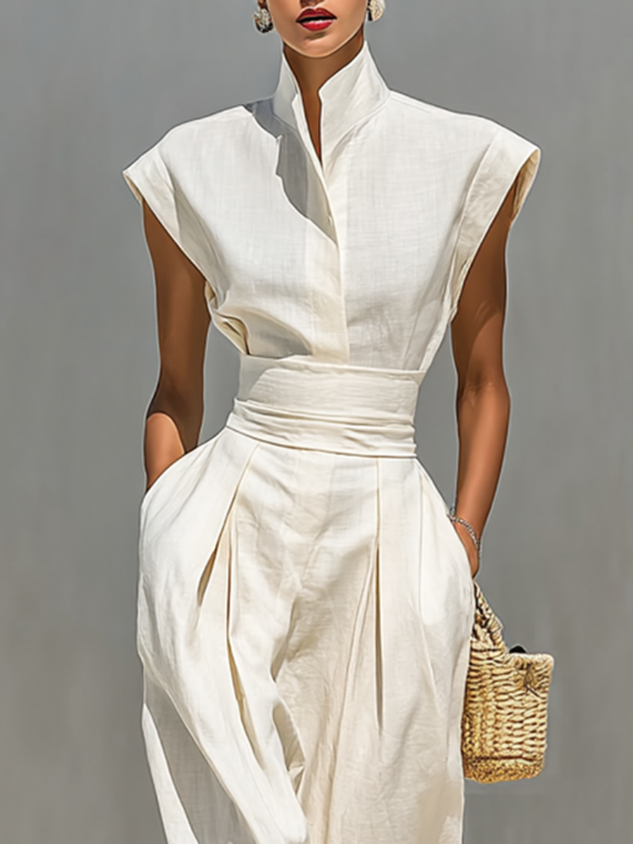 Women's Pure Cotton Lapel Cap Sleeves Waist Maxi Dress MDA0526G8Y