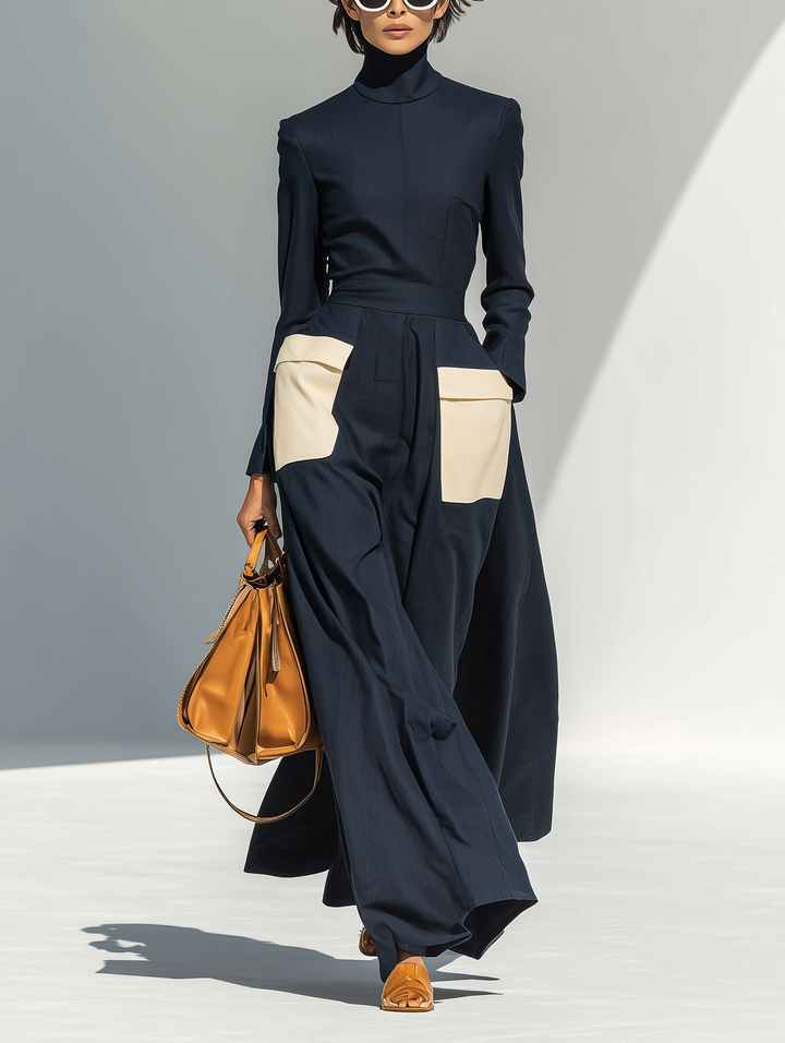 Women's Fashionable And Elegant Navy Blue Turtleneck Long-sleeved Fitted Top Paired With Matching Wide-leg Trousers With White Color Blocking Pockets MDA1828K2AN