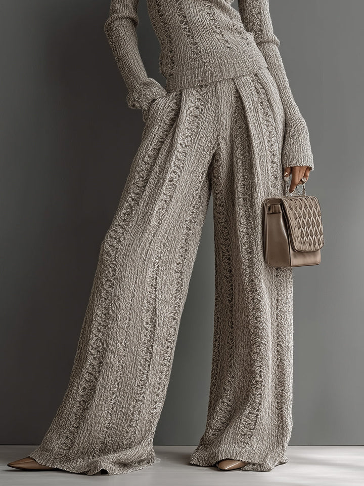 Women's Taupe Elegant Knit Textured Sweater & Wide - Leg Pants Set MDA1453H6I