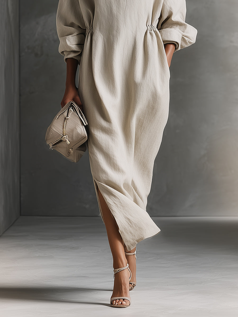 Women's Beige Relaxed Cotton Drawstring - Detail Maxi Dress MDA1121H0I