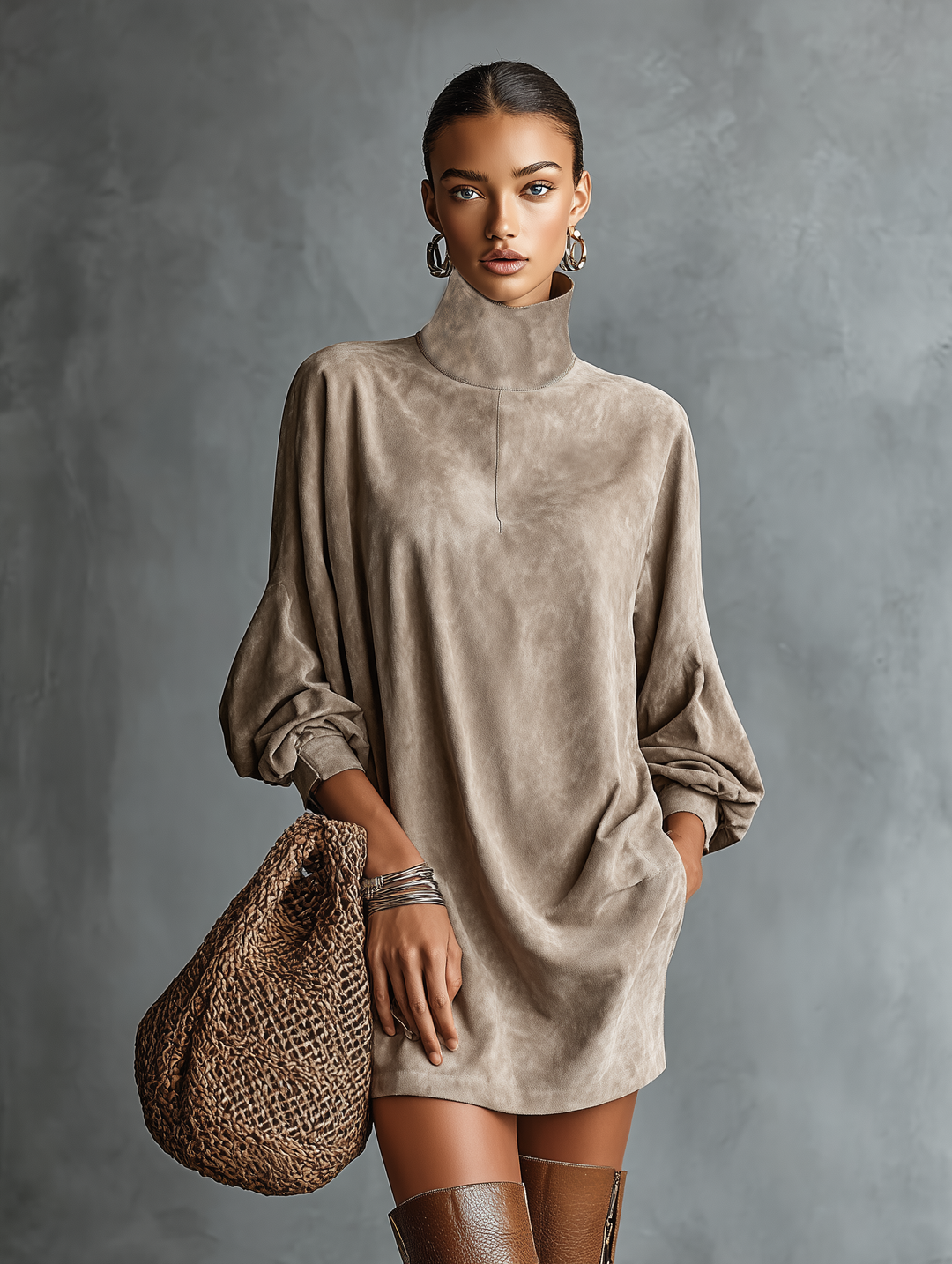 Women's Minimalist Loose-fitting Faux Suede High-neck Mini Dress MDA2423K1Y